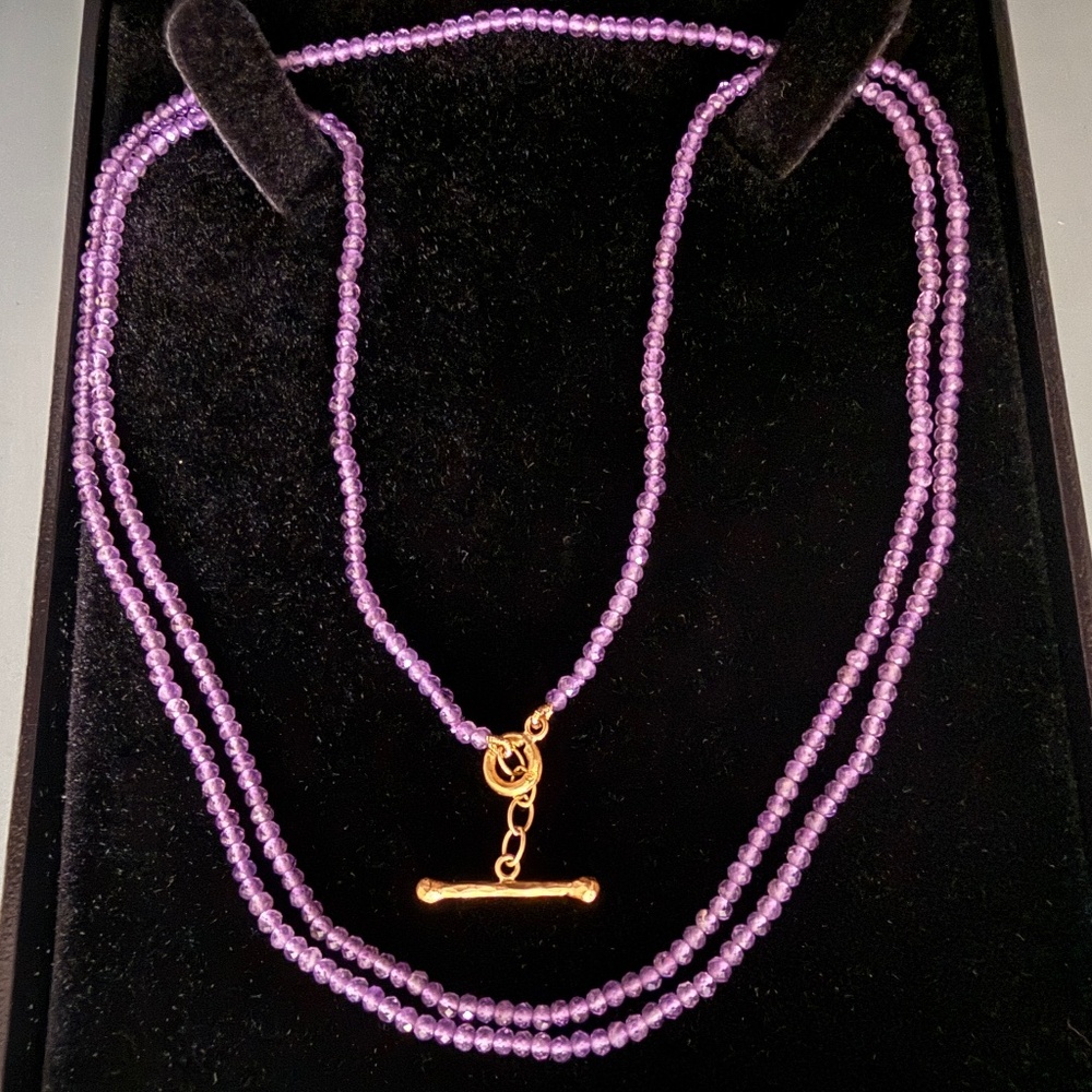 CATHY WATERMAN 22K Yellow Gold 29.5" Tiny Amethyst Bead Gemstone Necklace Strand